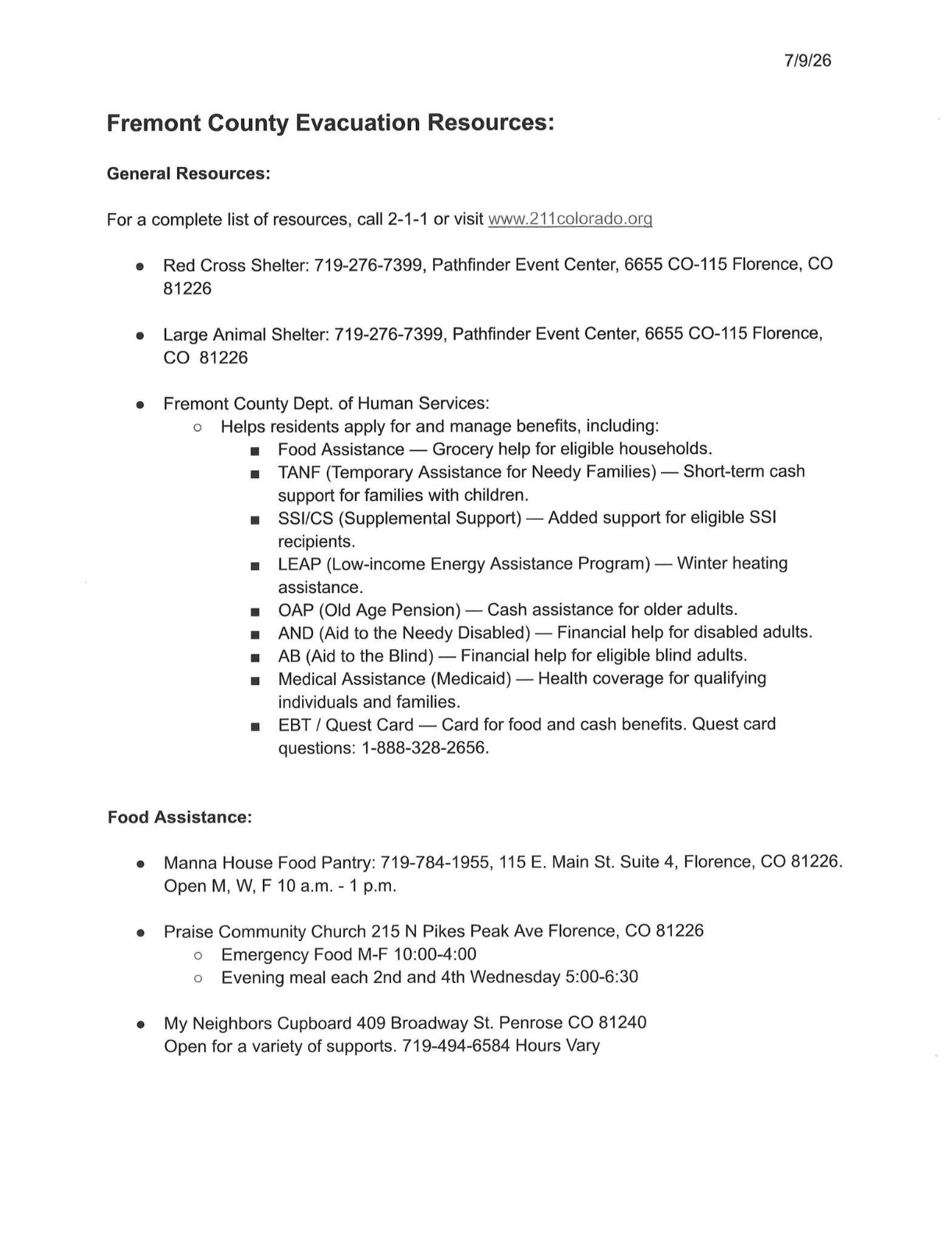 Fremont County Evacuation Resources sheet dated 7/9/26