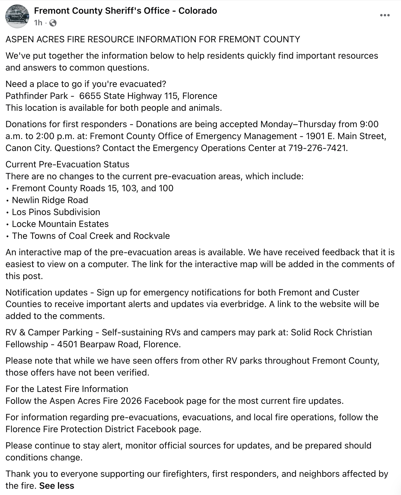 Fremont County Sheriff's Office Aspen Acres Fire resource information post