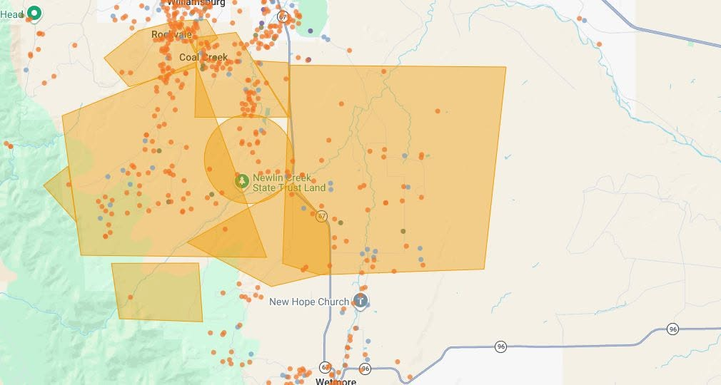 Map screenshot showing pre-evacuation notice context near Highway 67 south of Florence, Colorado.